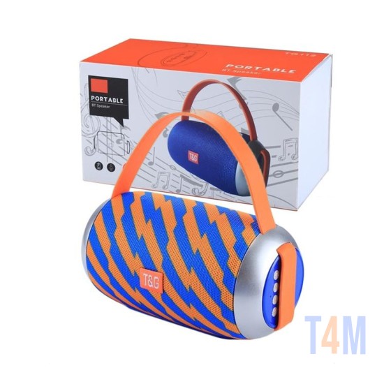 COLUNA BLUETOOTH PORTÁTIL T&G TG-112 CHAMADAS MÃOS-LIVRES/TF/AUX/FM/DISCO U COM MICROFONE LARANJA AZUL